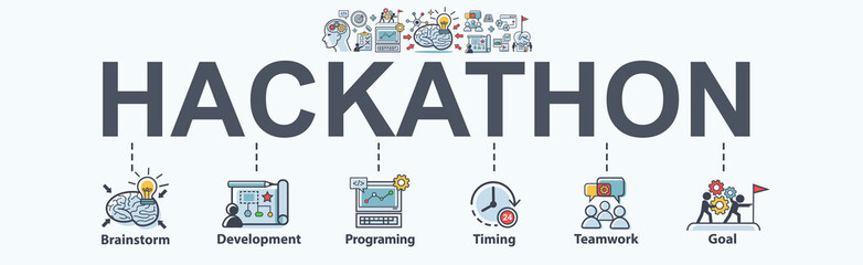 Hackathon technology banner concept with team working together on programming, web developers, designers, project managers, brainstorm and development. Minimal vector infographic.