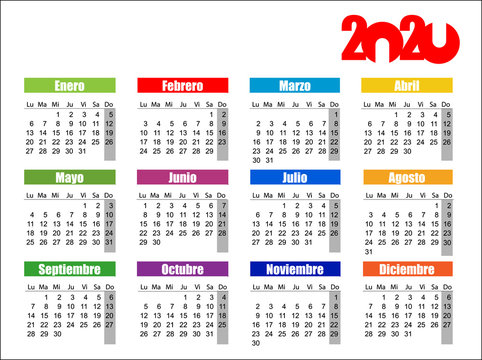 Horizontal color pocket calendar on 2020 year, spanish. Week starts from Monday. Vector template calendar for business on white background.