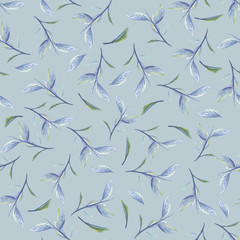 Green tea leaves. Watercolor seamless pattern. Pastel blue colors. Botanical background.