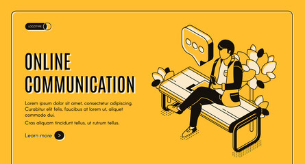 Online communication isometric landing page, man sitting on bench in park chatting in social media networks messenger, reading news on mobile phone. Networking 3d vector web banner template, line art