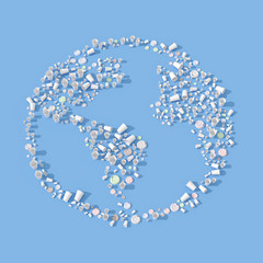 Empty metal cans and disposable papeper cups with plastic lids. Flat lay with hard shadows. 3d rendering.