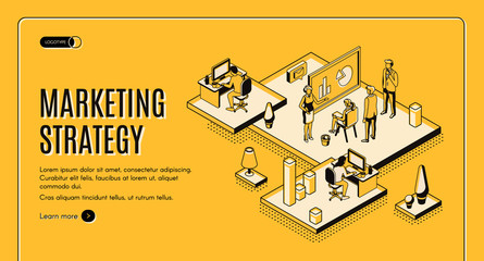 Marketing strategy isometric web banner, financial analytic company, agency working process in office, business people planning, analyzing data, doing presentation, 3d vector landing page, line art