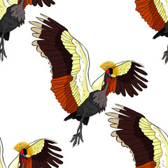 seamless pattern Oriental Crowned Crane spread its wings. illustration