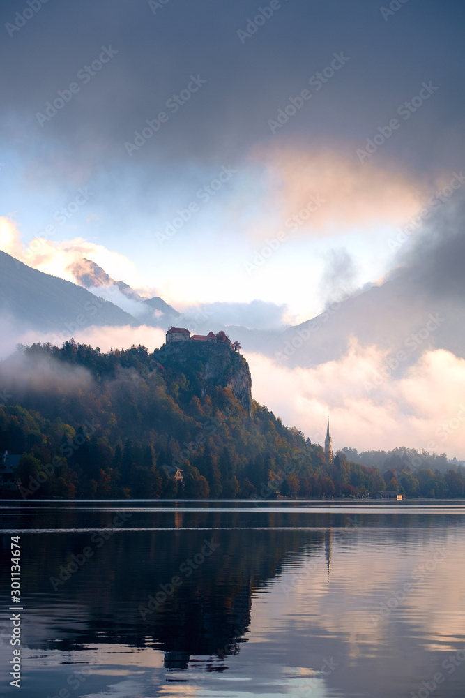 Poster medieval bled castle above lake bled in slovenia.