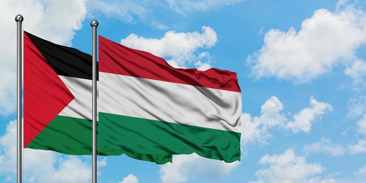 Palestine and Hungary flag waving in the wind against white cloudy blue sky together. Diplomacy concept, international relations.