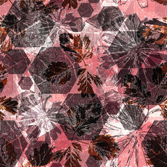 Seamless abstract pattern. Pink and white kaleidoscope. Hexagons, flowers and leaves.