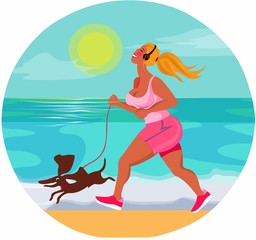 jogger on the beach with a dog. vector illustration shows a happy girl with a cheerful dog.  The girl loves sports and loves the sea ..