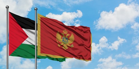 Palestine and Montenegro flag waving in the wind against white cloudy blue sky together. Diplomacy concept, international relations.