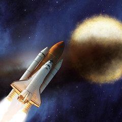 Rocket and stars. Flight of spaceship in outer space. The elements of this image furnished by NASA.