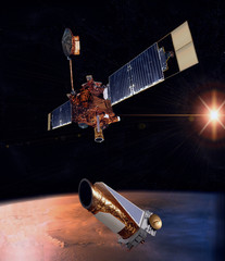 Space craft or satellite above earth. Sunrise. The elements of this image furnished by NASA.