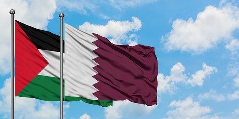 Palestine and Qatar flag waving in the wind against white cloudy blue sky together. Diplomacy concept, international relations.