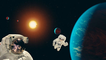 Obraz na płótnie Canvas Astronauts surfing dark space. Planets stars. Space scene. The elements of this image furnished by NASA.