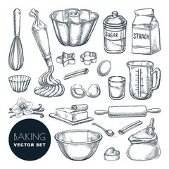 Baking ingredients and kitchen utensil icons. Vector flat cartoon illustration. Cooking and recipe design elements - 301136435