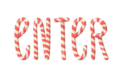 Naklejka na ściany i meble Cartoon vector illustration Christmas Candy Cane. Hand drawn font. Actual Creative Holidays sweet alphabet and word ENTER