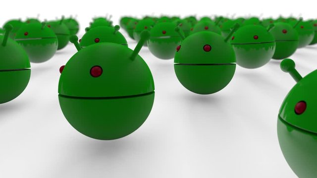 3D animation of many heads of robots, androids. Heads jump, dance, jump. 4K animation with depth of field, the idea of multiplicity of information technology.