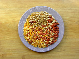 corn grains, beans, chickpeas and lentils