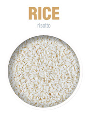 Rice, located behind a round hole with shadows from it, are isolated on a white background with an inscription rice risotto.