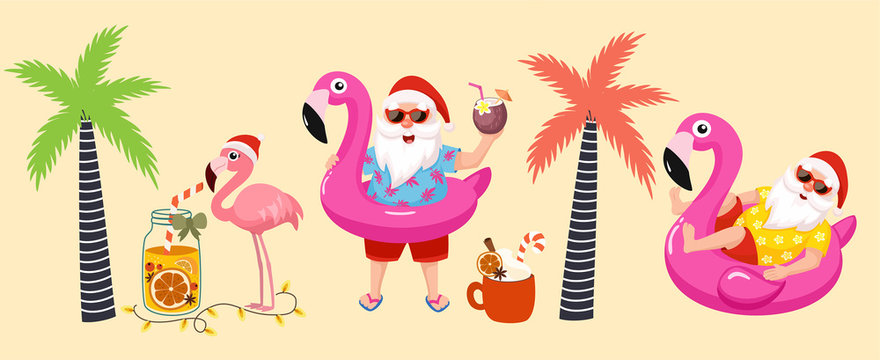 Tropical Christmas. Funny tropical collection of images with santa, flamingo, palm tree and flamingo inflatable ring. Vector illustrations.