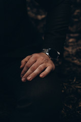 groom's morning, wedding details and accessories, selective focus, film and grain photo