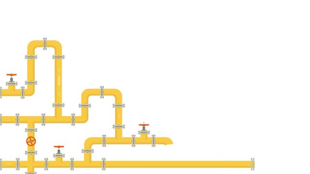 Animation of  yellow pipeline. Oil, water or gas pipeline with fittings and valves in flat design.