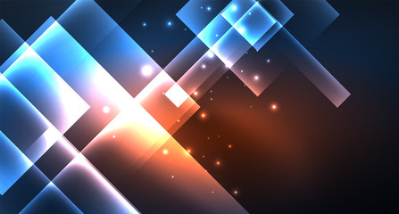Obraz premium Neon glowing techno square rectangle lines, blue hi-tech futuristic abstract background