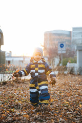 Little lovely boy on a walk, emotional portrait, happy kid walking on an autumn day, autumn leaves...