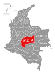 Fototapeta na wymiar Meta red highlighted in map of Colombia
