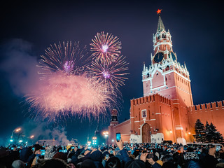New Year's Eve in Moscow. Fireworks on Red Square near the Spasskaya Tower on New Year's Eve....