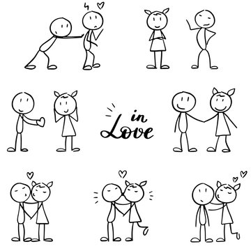 Stick figures set. Falling in love and loving each other, kissing couples. Stick men collection for prints or presentation. Simple hand drawn outline characters in black and white.