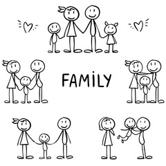 Set of stick figures. Happy family, motherhood and joy with children. Childish hand drawn stick men showing parents with children.