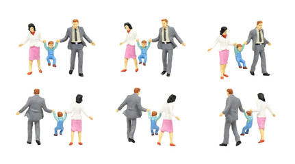 Fototapeta na wymiar Miniature people figure character as family in feeling happiness isolated on white background.