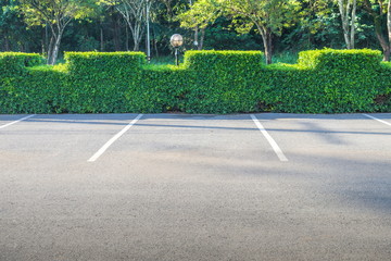 Empty space of car parking lot with green bush in the background.