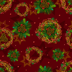 Seamless texture. Pattern of winter coniferous bouquets with cones, wicker wreaths and Christmas stars on a red background.