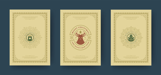 Christmas greeting cards set vintage typographic design, ornate decoration symbols vector illustration