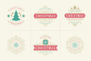 Christmas vector typography ornate labels and badges, happy new year and winter holidays wishes vector illustration