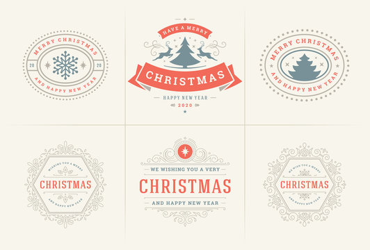 Christmas vector ornate labels and badges set, happy new year and winter holidays wishes typography for greeting cards