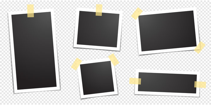 Polaroid photo frames fixed with adhesive tape on a transparent background. Photo frame on sticky tape, isolated.