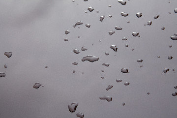 Drops of water on the hood of a car after rain.