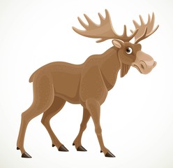 Cute cartoon moose with big horns isolated on a white background