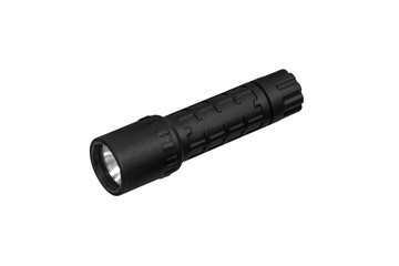 modern black metal flashlight isolated on white