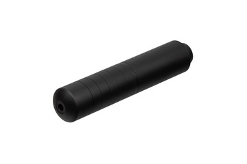 Black silencer for weapons. Suppressor that is at the end of an assault rifle.