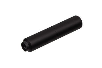 Black silencer for weapons. Suppressor that is at the end of an assault rifle.