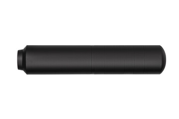 Black silencer for weapons. Suppressor that is at the end of an assault rifle.