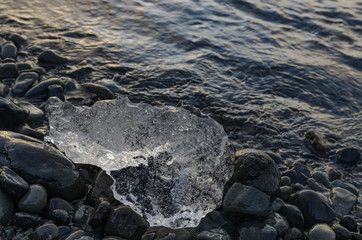 ice floes on the shore of the fontastic Jokulsarlon glacial lagoon on sunset. Southeast Iceland, Europe. Fantastic Landscape
