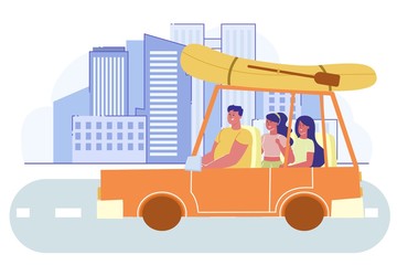 Naklejka premium Man Driving Car with Two Girls with Boat on Roof.