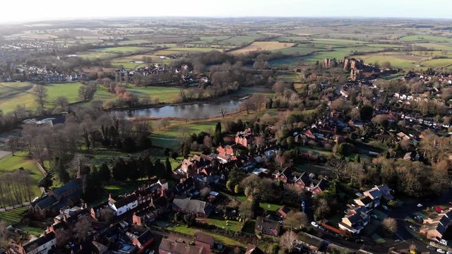 Historic Old English Town, Church, Castle, Park And Lake, Aerial View Kenilworth