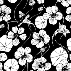 Seamless pattern with nasturtium. Monochrome vector illustration. White silhouettes on a black background.