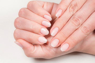 Fototapeta premium Closeup top view of two female hands with natural pink manicure isolated on white background. Nude look nail design concept. Horizontal color photography.