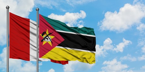 Peru and Mozambique flag waving in the wind against white cloudy blue sky together. Diplomacy concept, international relations.