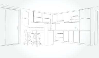 Linear sketch of an interior. Sketch Line dining room . Vector illustration.outline sketch drawing perspective of a interior space